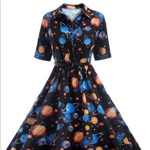 knee length space patterned dress.